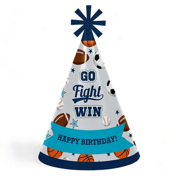 Big Dot of Happiness Go, Fight, Win - Sports - Cone Happy Birthday Party Hats for Kids and Adults - Set of 8 (Standard Size)