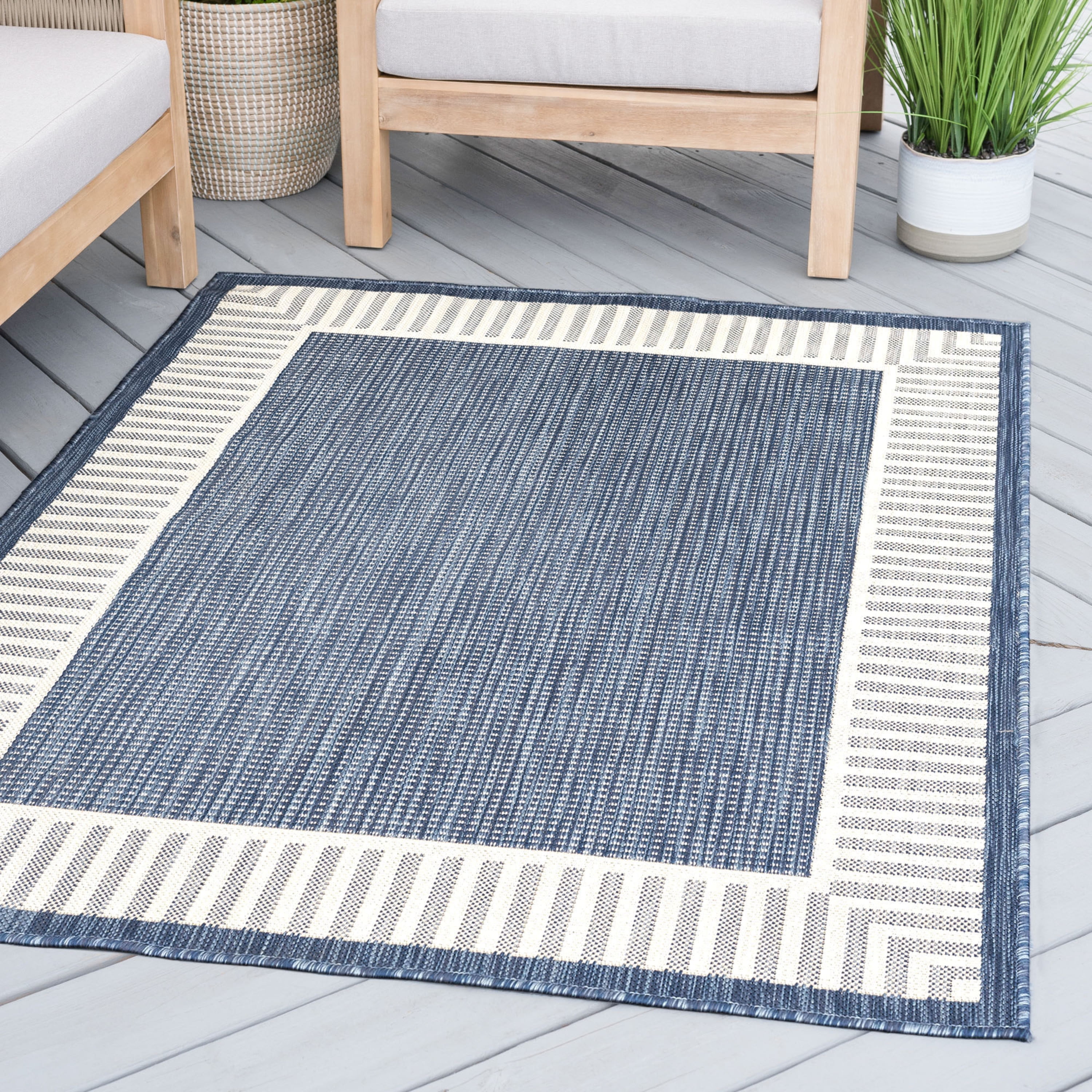 4x6 Water Resistant, Indoor Outdoor Rugs for Patios, Front Door Entry, Entryway, Deck, Porch, Balcony | Outside Area Rug for Patio | Navy, Striped Border | Size: 4' x 5'3''