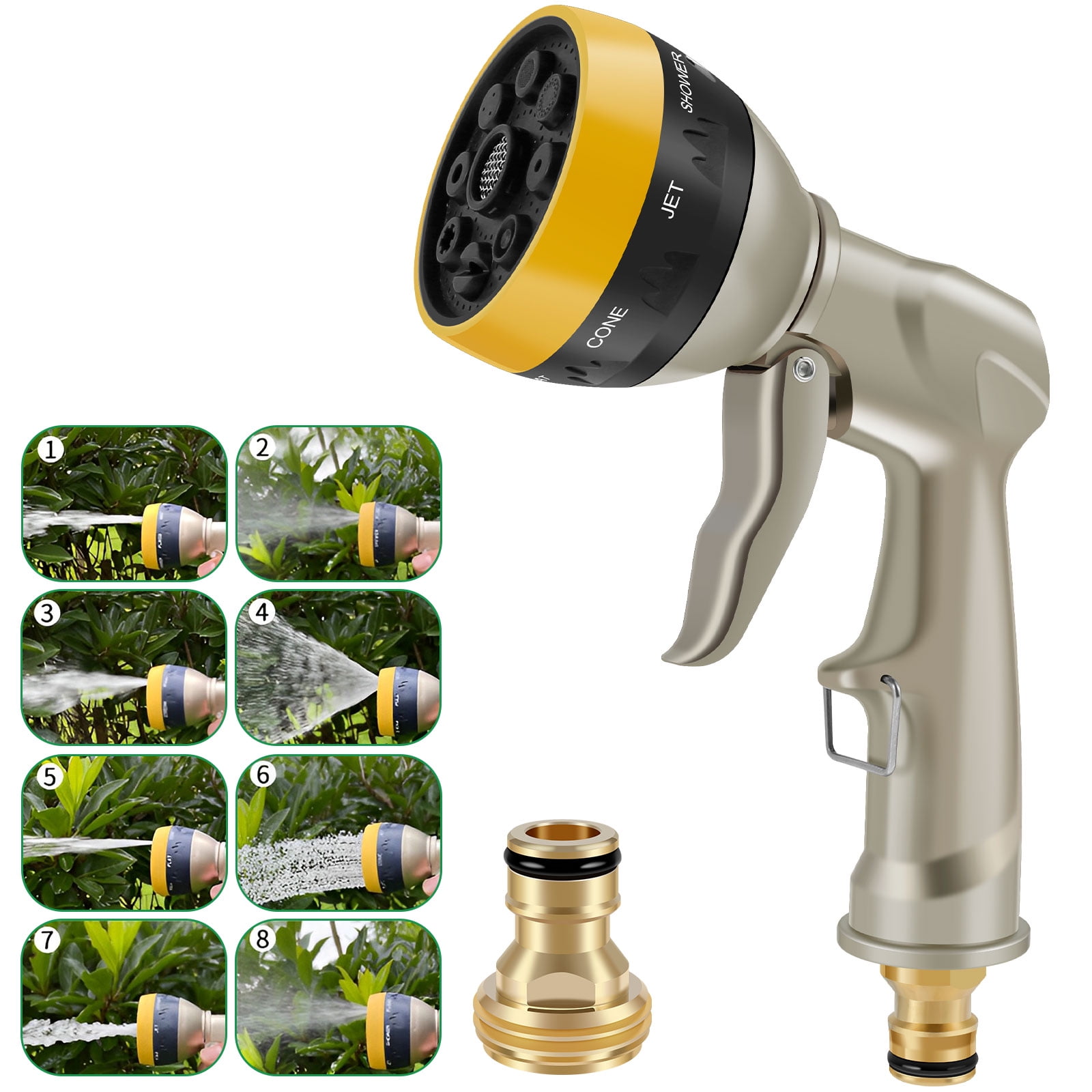 CIVG Garden Hose Spray Nozzle Heavy Duty Metal Water Hose Pipe Sprayer with 8 Adjustable Patterns High Pressure Water Hose Spray Head for Plant Watering Car and Pet Washing