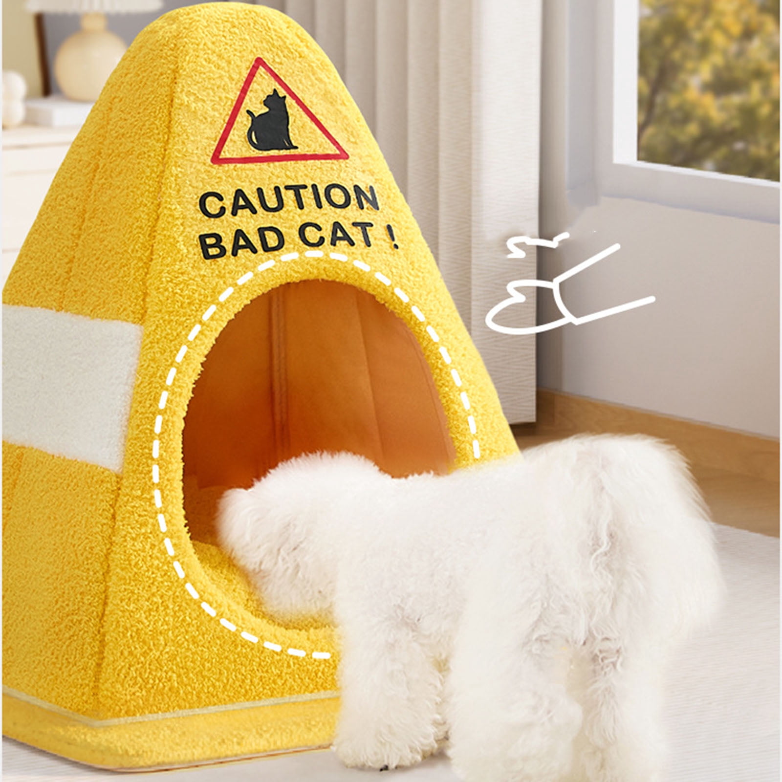 Funny Caution Bad Cat Bed, 2026 Cute Soft Fleece Cozy Zipper Pet House with Detachable Inner Padding