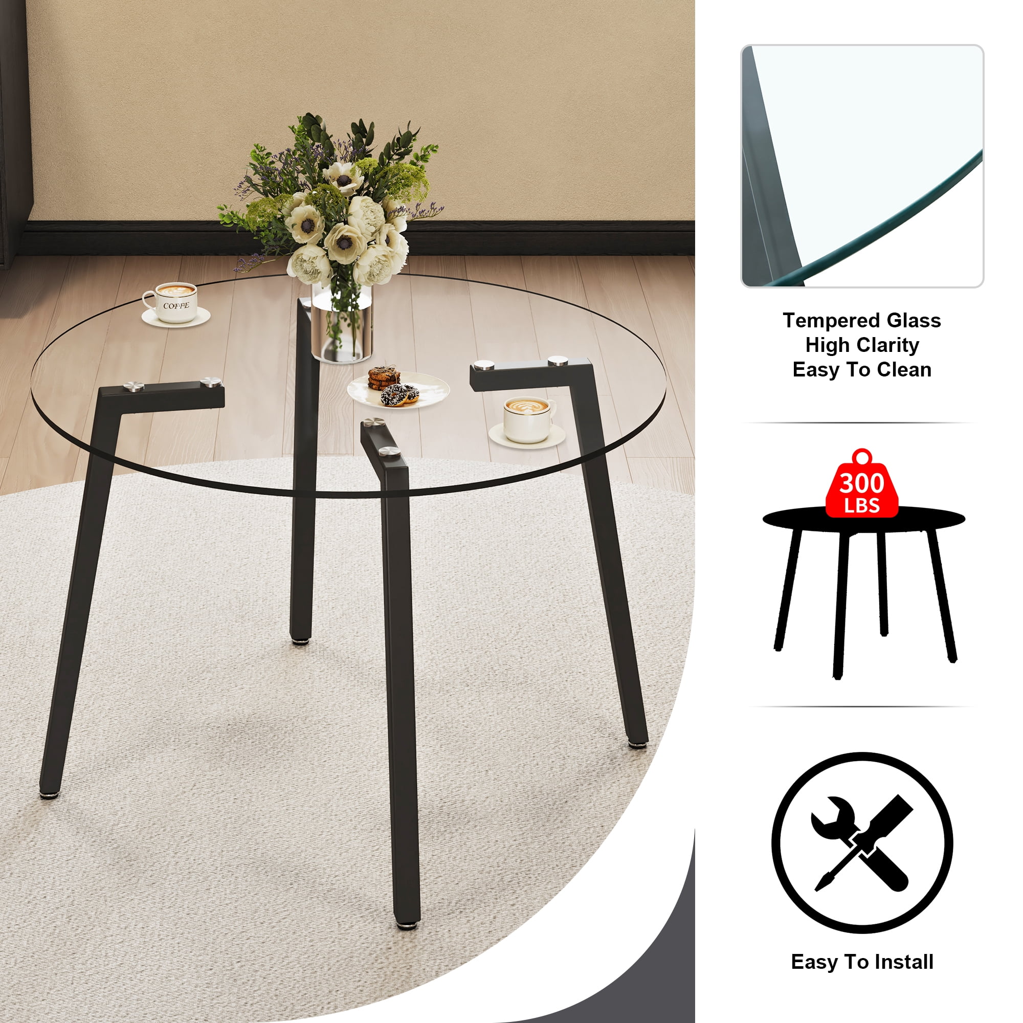 Glass Dining Table 42 Inch Round, Tempered Glass Tabletop with Black Metal Legs, Modern Round Coffee Table for Kitchen, Dining Room and Living Room, Clear Tempered Glass Table, Easy Assembly