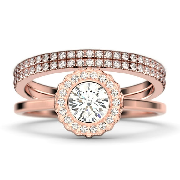 Beautiful Boho & hippie 2.10 Carat Round Cut Antique Diamond Moissanite Engagement Ring, Floral Halo Wedding Ring, Two Matching Band in 10k Solid Rose Gold, Bridal Rings, Gift For Her