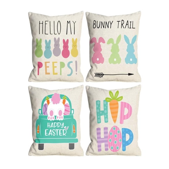 Mozhitti 4 PCS Easter Rabbit Throw Pillow Covers 18 X 18 Inch Easter Bunny Egg Happy Easter Pillowcases Decorative Cotton Cushion Covers For Sofa Couch Chair Pillow Covers