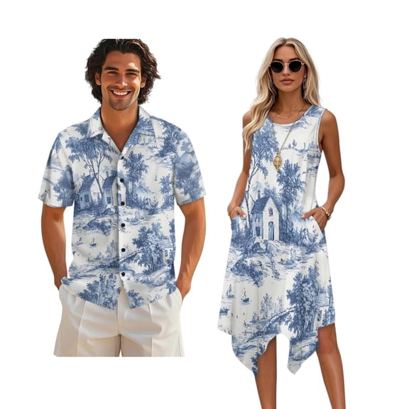 Xixirimido Blue Toile De Jouy Print Hawaii Couple Matching Outfit Men's Hawaiian Shirt and Women's Summer Sleeveless Dress Soft Midi Beach Dress Matchable Couple Outfits, 5XL