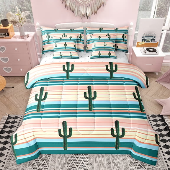 Feelyou Western Cactus Plant Bedding Comforter Set 7 Pieces for Kid, Rustic Farmhouse Full Bedding Set, Modern Art Stripes Fitted Sheet Flat Sheet, Ultra Soft Bedroom Decor