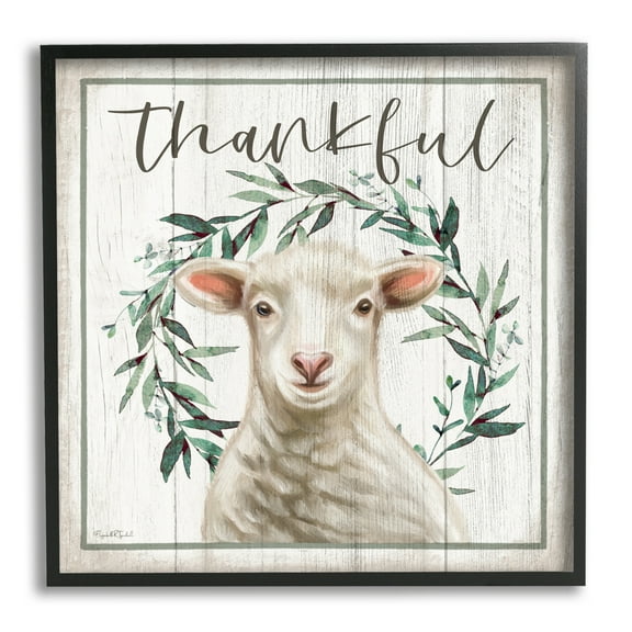 Stupell Industries Thankful Phrase Sheep Holiday Painting Black Framed Art Print Wall Art, 12 x 12