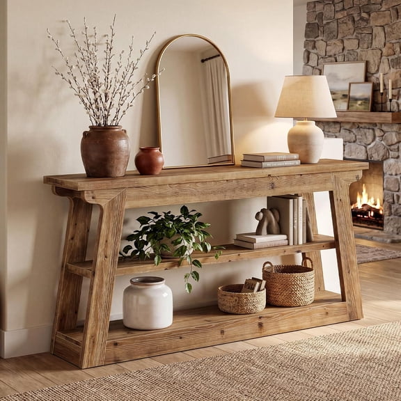 Finmind 63" Console Table with Storage, 3-Tier Solid Wood Sofa Table, Entrance, Hallway, Living Room, Brown