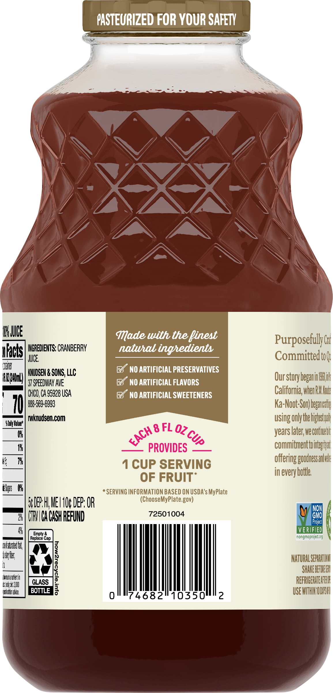 R.W. Knudsen Family Just Cranberry Juice, 100% Juice, 32 oz, Glass Bottle