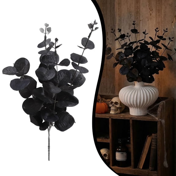 Black Artificial Flowers Black Eucalyptus Stems Decor | Black Eucalyptus Flowers Faux Eucalyptuses Leaves Branches for Halloween Home Farmhouse Party Table Centerpieces Decoration