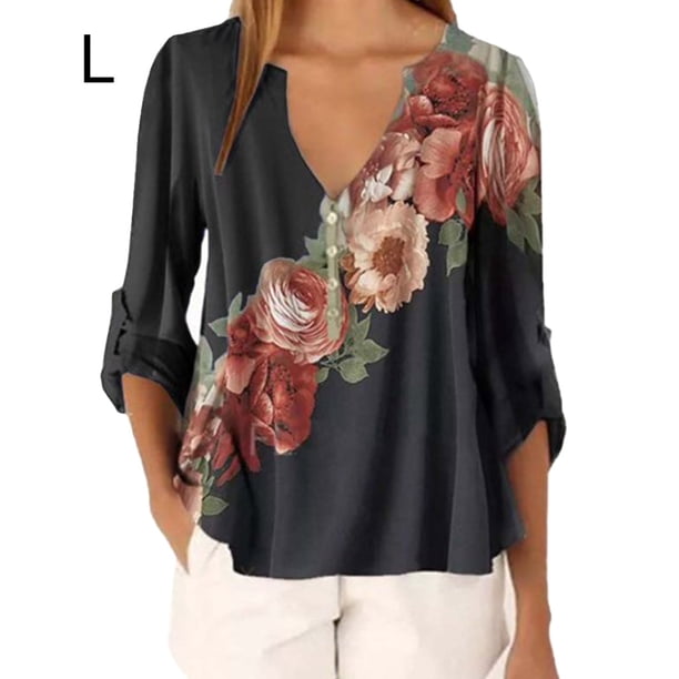 Blusa Camisa con cuello en V y estampado floral Blusa suelta de manga larga Top de mujer, Negro, L Inevent AP002021-03