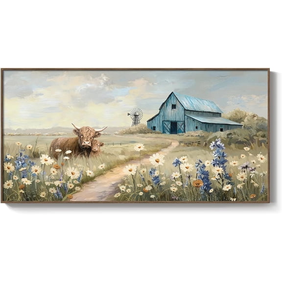 Large Framed Farmhouse Wall Art for Living Room, Highland Cow Country Pictures Wall Art Decor for Bedroom, Vintage Barn Landscape Floral Painting Artwork Print for Living Room Bathroom Kitchen 20x40