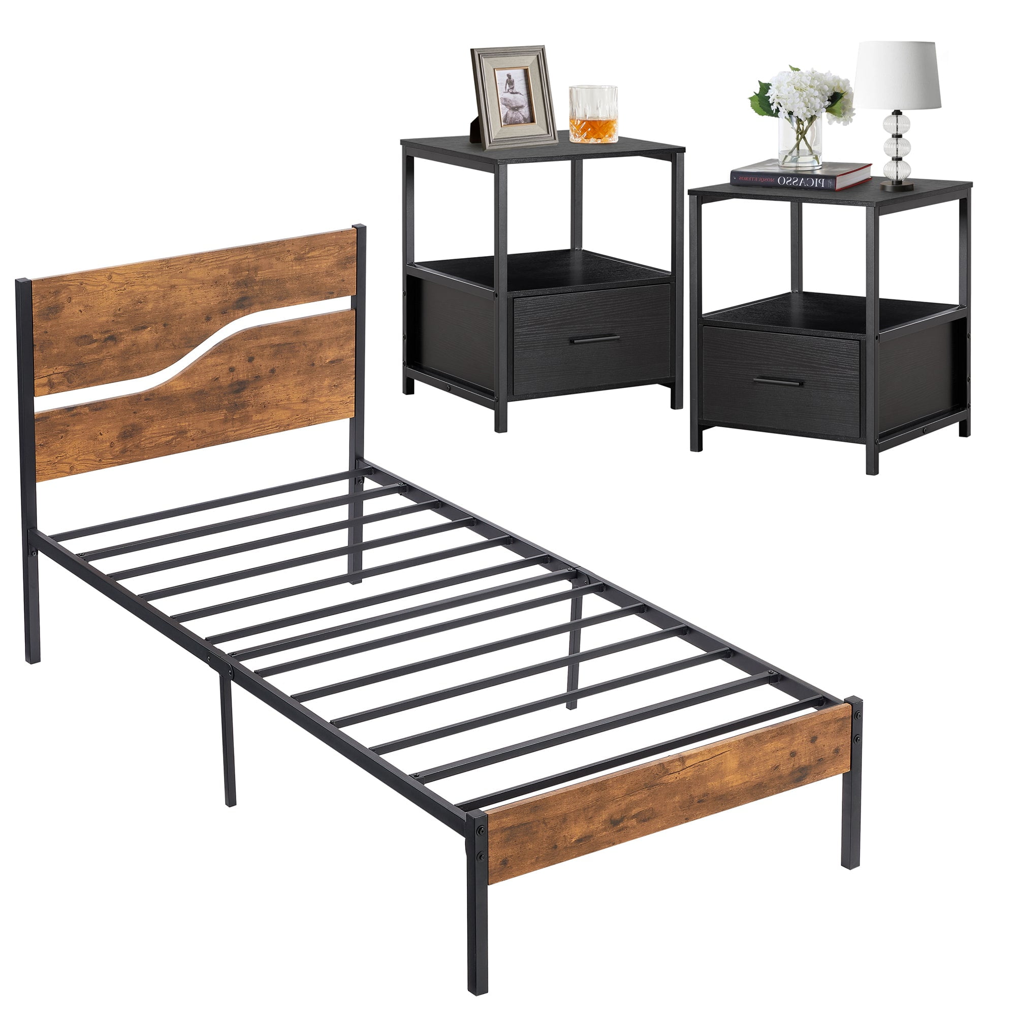VECELO 3Piece Bedroom Set Twin Bed Frame and 2 Black Nightstands