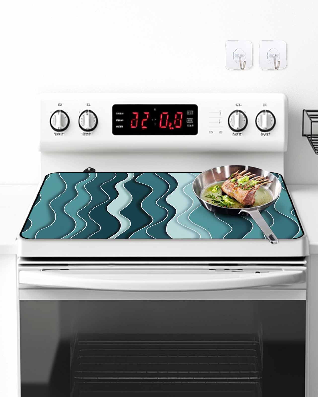 Stove Top Covers for Electric Stove, Abstract Turquoise Moire Glass Stovetop Cover Protector, Gradient Coastal Ocean Geometric Induction Cooktop Protector Oven Mat for Kitchen Countertop 36"x21"