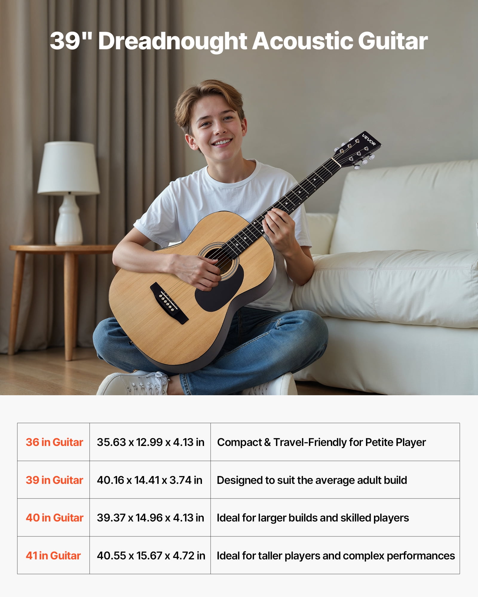 VEVOR Dreadnought Acoustic Guitar, 39 in, 6-String Natural Solid Spruce Top Guitar, Portable Bundle with Gig Bag, Tuner, Strap, Steel Strings, Picks, Capo, Rosewood Fingerboard, for Beginner Adults
