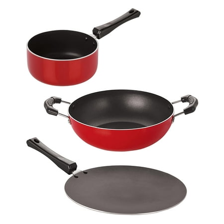 

Nirlon Nonstick 3 Layer Combo Cookware Set Concave Tawa Kadai Sauce Pan - Medium (Pfoa Free) (Aluminium) (Red & Black) 3 Pieces