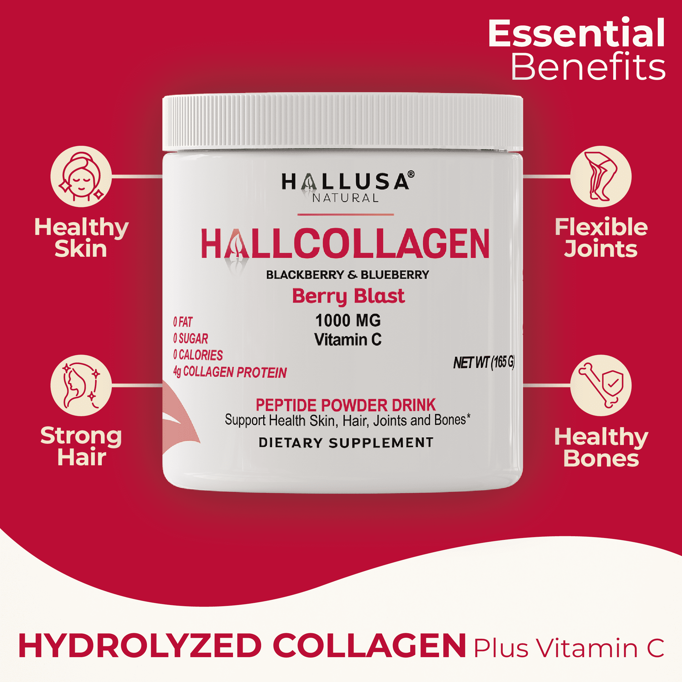 HALLUSA NATURAL Hydrolyzed Collagen Powder with Vitamin C for Skin Hair Joints Bones 30 Servings