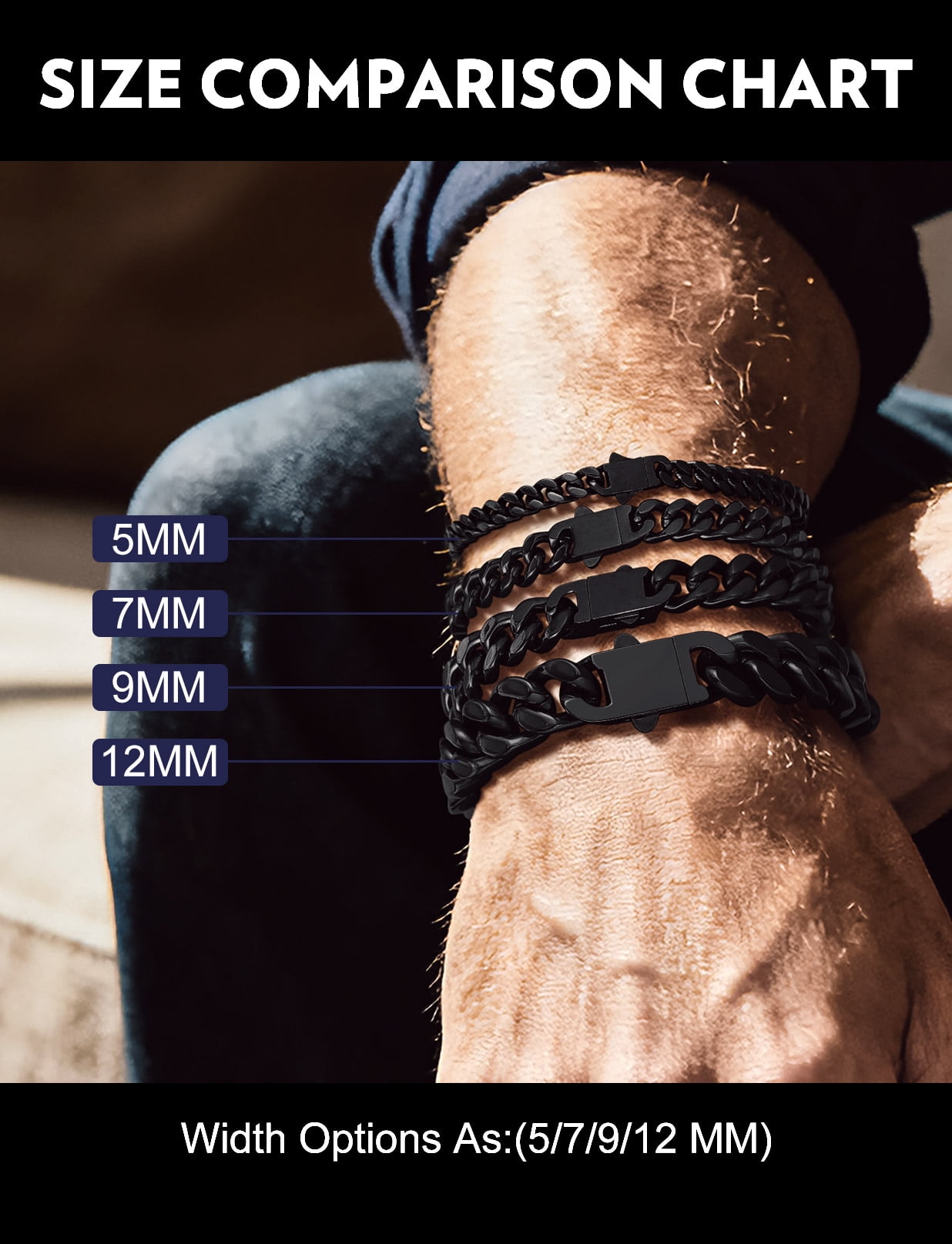 Bandmax 5MM Wide Black Cuban Chain Bracelet for Men Women Father's Day Gift for Son Dad Husband Stainless Steel Hip Hop Biker Wristlet Anklet Chain Jewelry