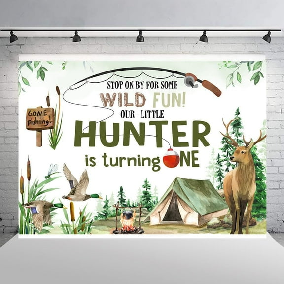 7x5Ft Camping Adventure Baby Shower Backdrop Stop on by Some Wild Fun Our Little Hunter is On The Way Background Green Gone Fishing 1st Birthday Party Decorations Banner Photo Booth Props