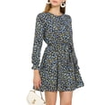thumbnail image 5 of INSPIRE CHIC Women's Floral Ruffle Long Sleeves Round Neck Belt Autumn Dresses L Blue, 5 of 8