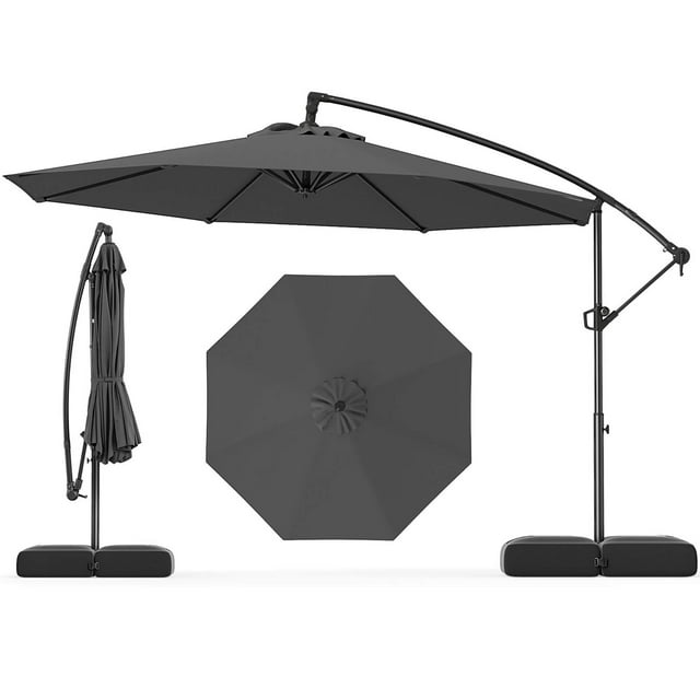 Gymax Parasol Suspendu Déporté de 10 Pi avec Base, Parasol Cantilever pour Patio, Rotation à 360°, Gris