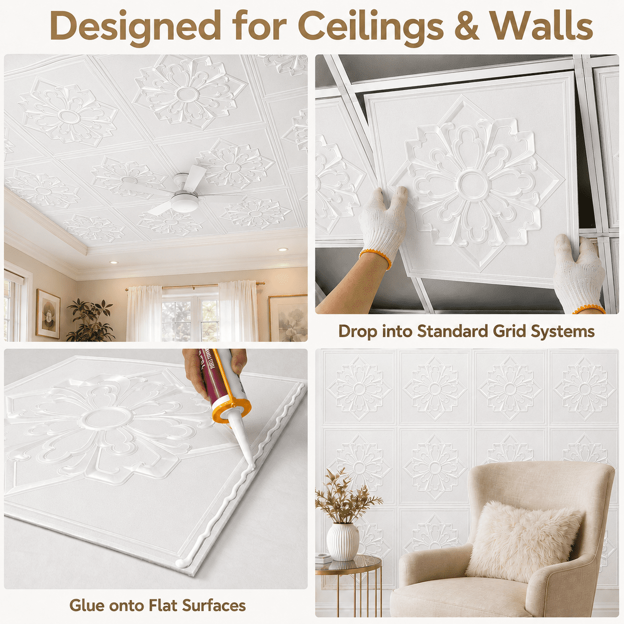 Yeslife 12-Pack 23.8" x 23.8" PVC Drop Ceiling Tiles, White Vintage 3D Embossed Decorative Panels, Waterproof Glue-Up Ceiling Tiles for Walls, Ceilings, Home and Office, 48 Sq.Ft