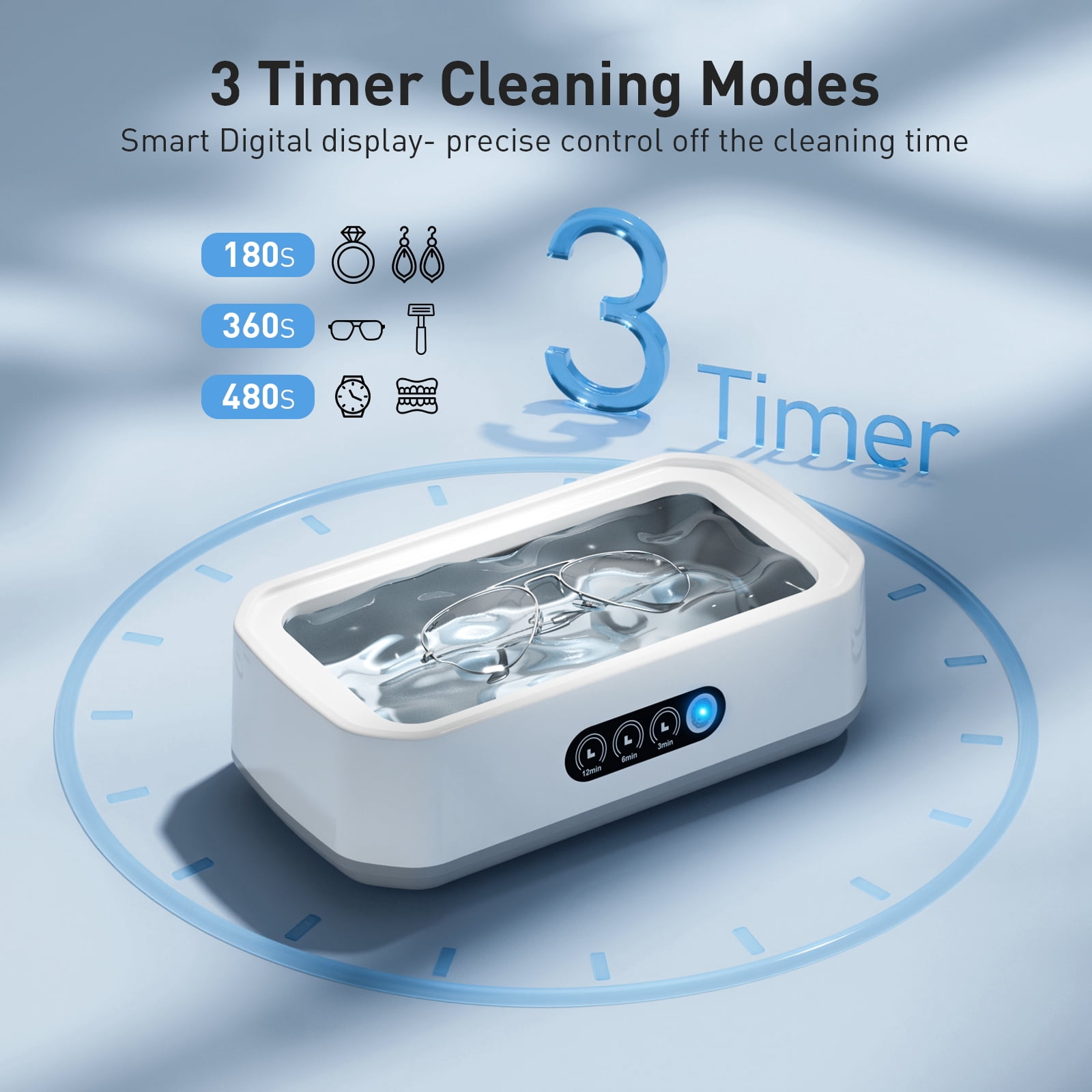 Skdwakiz Ultrasonic Jewelry Cleaner, 50KHz Ultrasonic Cleaner Machine for Jewelry, Rings, Glasses, Watch Strap, 3 Cleaning Modes with Digital Timer, 22oz, 304 Stainless Steel Water Tank