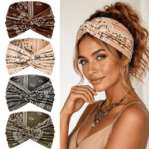 Women Wide Knotted Headbands, 4 Pcs Vintage Elastic Soft Turban Head Wraps, Fashion Cute Hair Accessories for Yoga Workout Summer