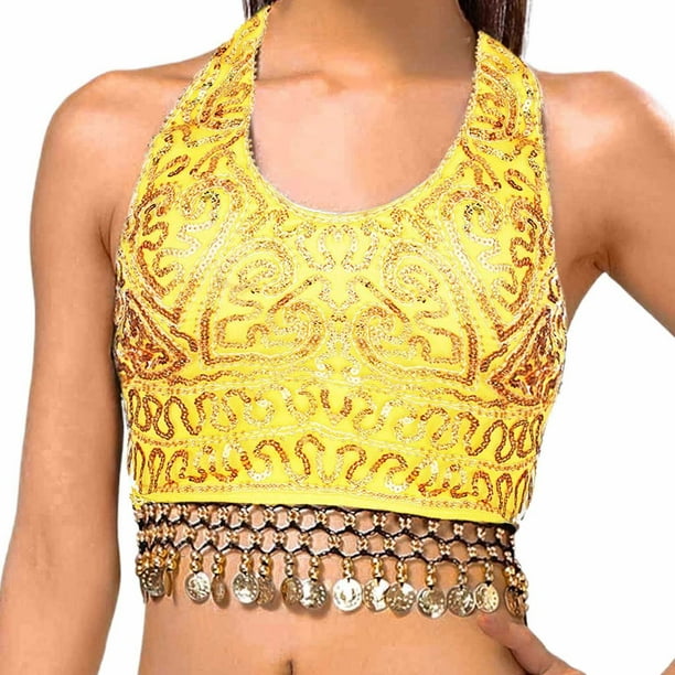 Top corto con lentejuelas para mujer - Sujetador de danza del vientre, camiseta sin mangas, borlas con lentejuelas, talla única