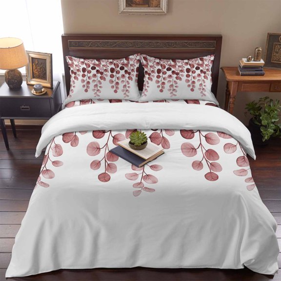 Abstract 4 Piece Bedding Set, Country Red Eucalyptus Leaf Flora Plant Twin Size Duvet Cover Set with Zipper Closure & Corner Ties Soft Breathable Comforter Cover for Bedroom