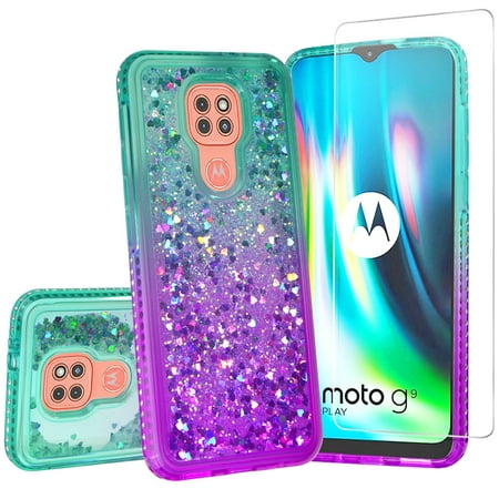 Moto E7 Plus Case, Moto G9 Play Case with Tempered Glass Screen Protector SOGA Diamond Liquid Quicksand Cover Cute Girl Women Phone Case - Teal / Purple