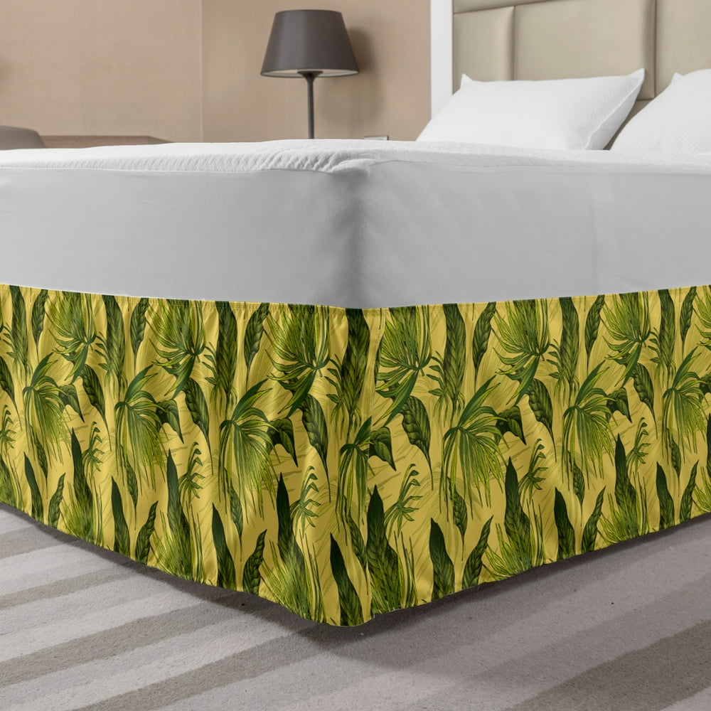 Tropical Bed Skirt, Energetic Print of Exotic Leaves and Branches