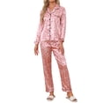 thumbnail image 2 of Womens Silk Pajamas Set Long Sleeves with Pants Lounge Satin Sleepwear Green Rose Small, 2 of 6