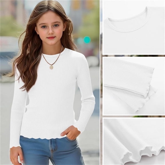 BRGZLK Little Girls Ribbed Long Sleeve Shirts Casual Fashion Solid Color Soft Comfy Lightweight Round Neck Lettuce Trim Slim Fit Basic Pullover Tee Shirt White 9-10 Years