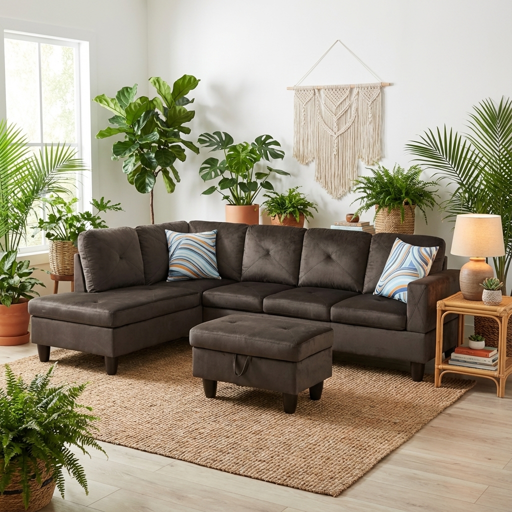 Prilinex L-Shaped Sectional Sofa with Chaise and Storage Ottoman, 3-Piece Flannel Sofa for Living Room Furniture Sets and Apartments, Grey