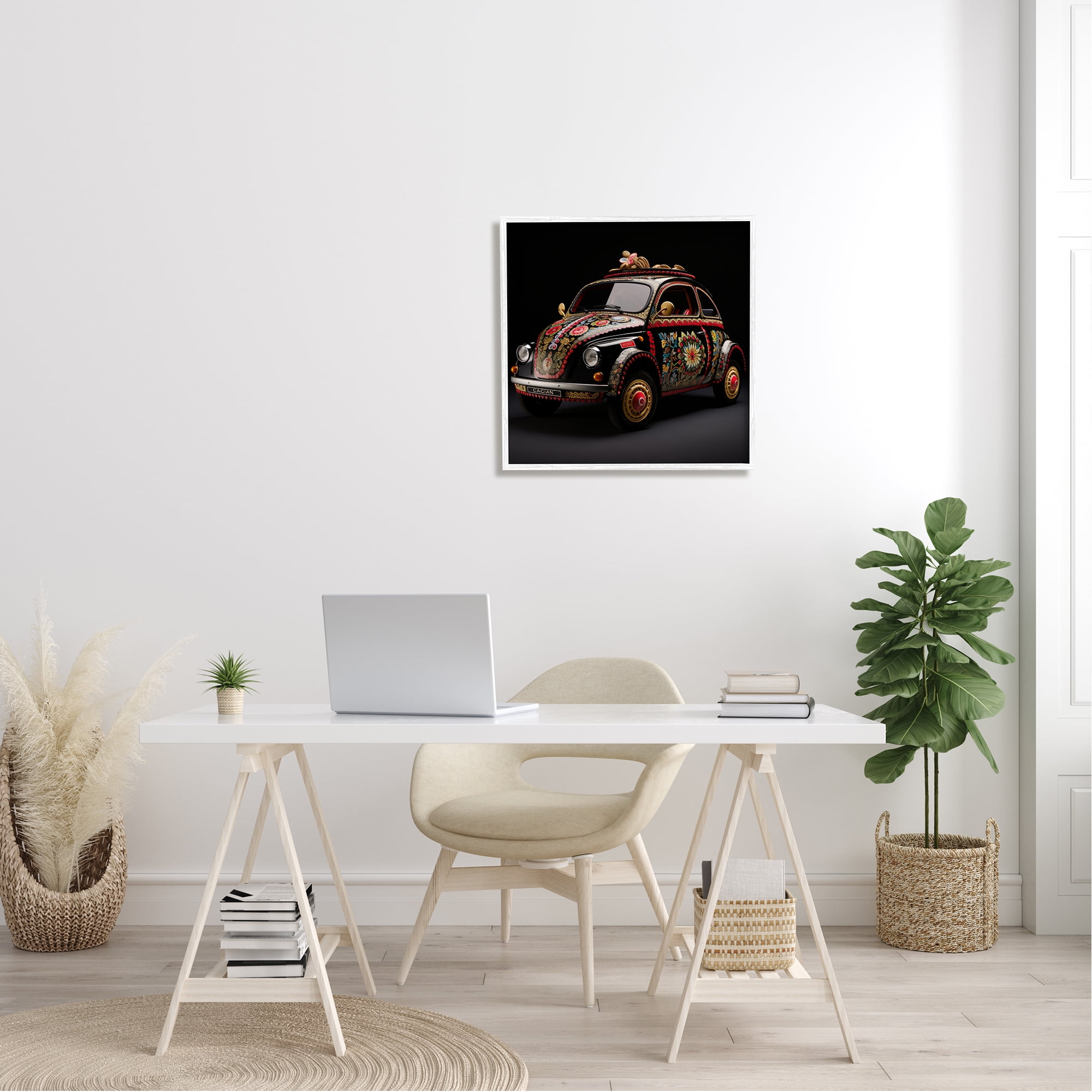 Stupell Industries Boho Pattern Antique Car Transportation Painting White Framed Art Print Wall Art, 24 x 24