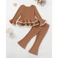thumbnail image 2 of Yaoqi 5T Little Girl Outfit Set 6T Child Girls Clothes Ruffle Long Sleeves Bowknot Top Solid Color Flared Pants 2pcs Clothing Khaki, 2 of 7