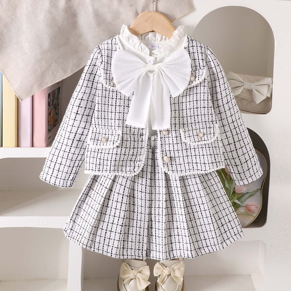 Wuxian Kids Christmas Outfit Plaid Long Sleeve Bow Tie Blouse Button Down Front Pockets Jacket With Pleated Skirt Classic Two Piece Fashionable Fall Winter Outfits,White,2-3 Years