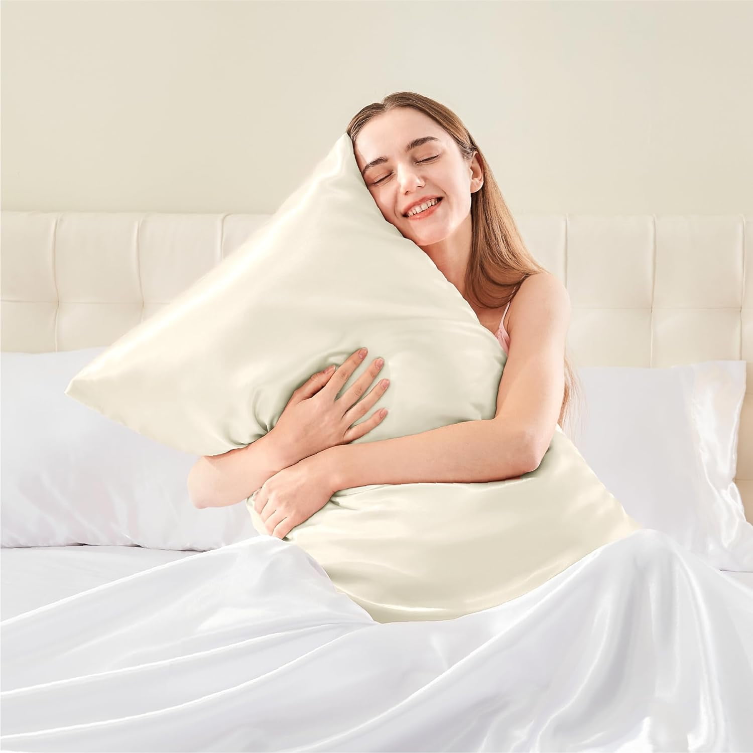 Satin Body Pillow Cover, Super Soft and Cooling Body Pillow Pillowcase for Hair and Skin, Breathable Silky Full Long Pillowcase Cover(20"x54", Beige)