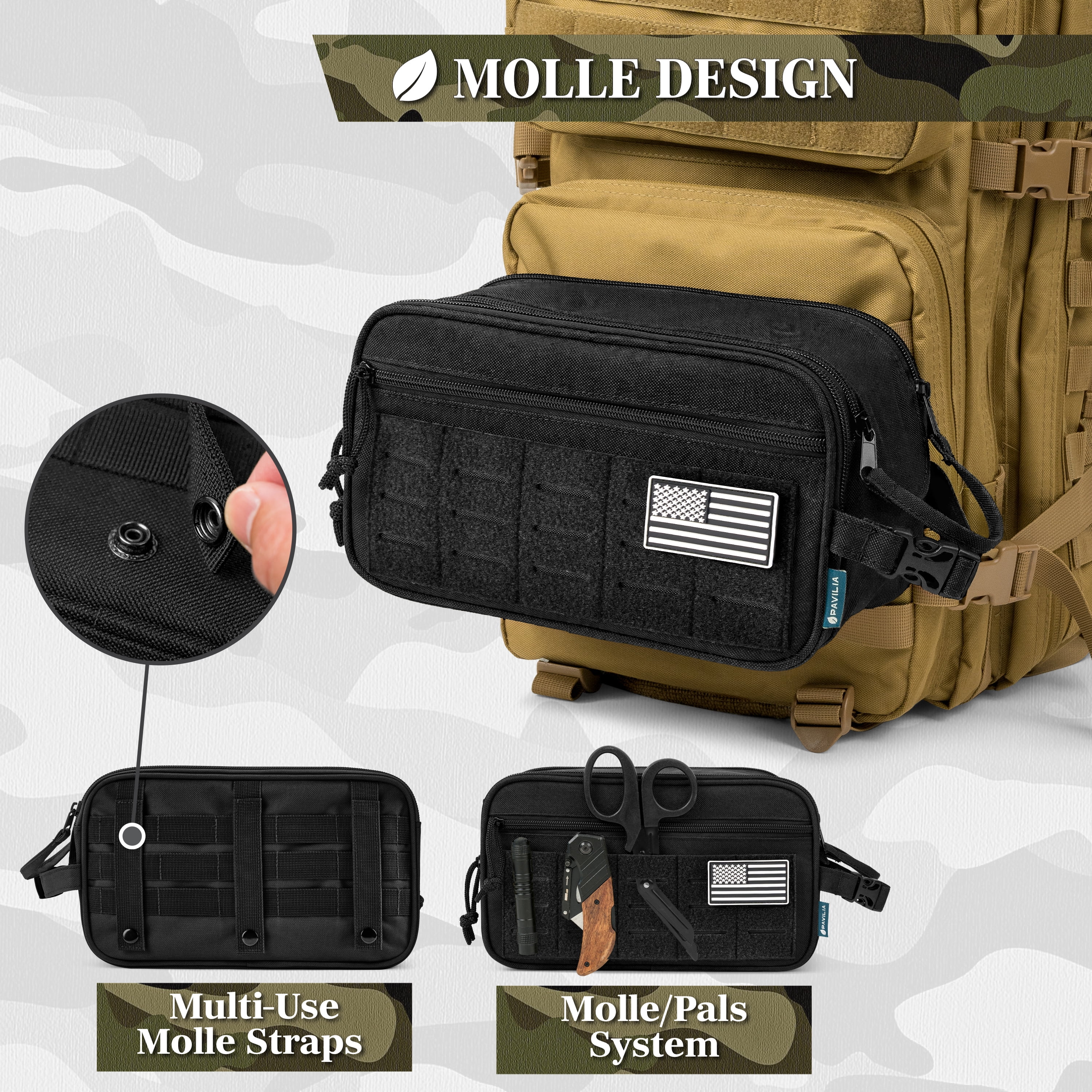 Pavilia Extra Large Tactical Toiletry Bag for Men, Hygiene Travel Bag, Military Dopp Kit, Water Resistant Molle Pouch, Mens Shaving Grooming Essentials, Bathroom Shower Small Organizer Case, Black
