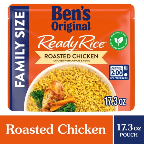 Ben's Original Ready Rice Roasted Chicken Family Size. 17.3 Ounces. Ready In Just 2 Minutes!