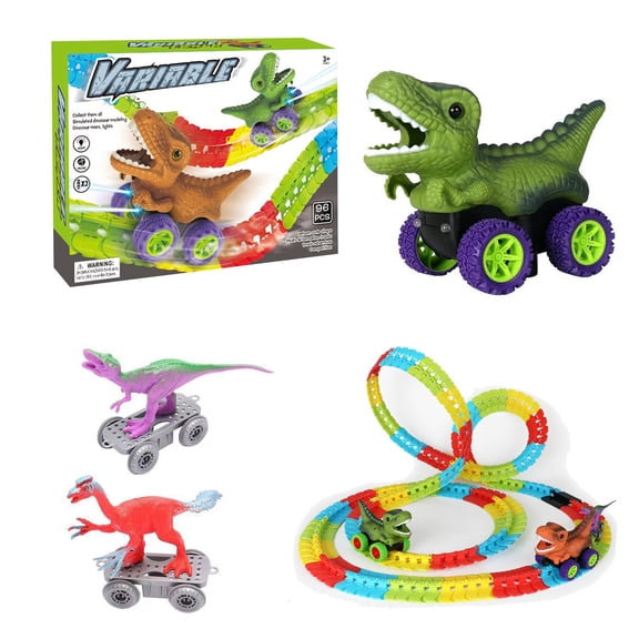 Eqslft Dinosaur Race Car Track Set -360° Climbing Track Dinosaur Car with LED And Music Dino Cars , DIY Assembled Race Track Toy
