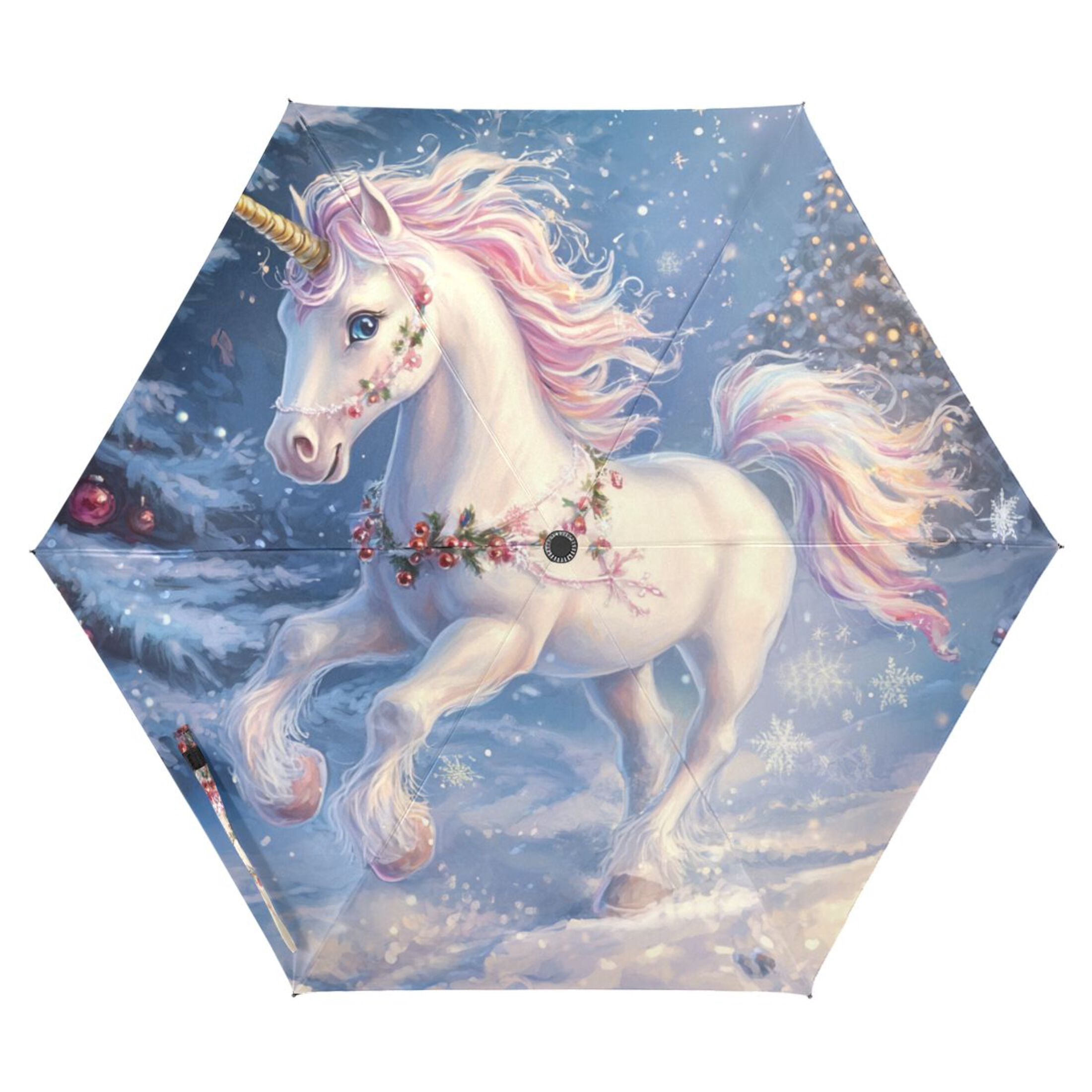 Unicorns with Christmas Elements All Weather Umbrella Triple Folding Parasol 6 Ribs UV Protection Portable