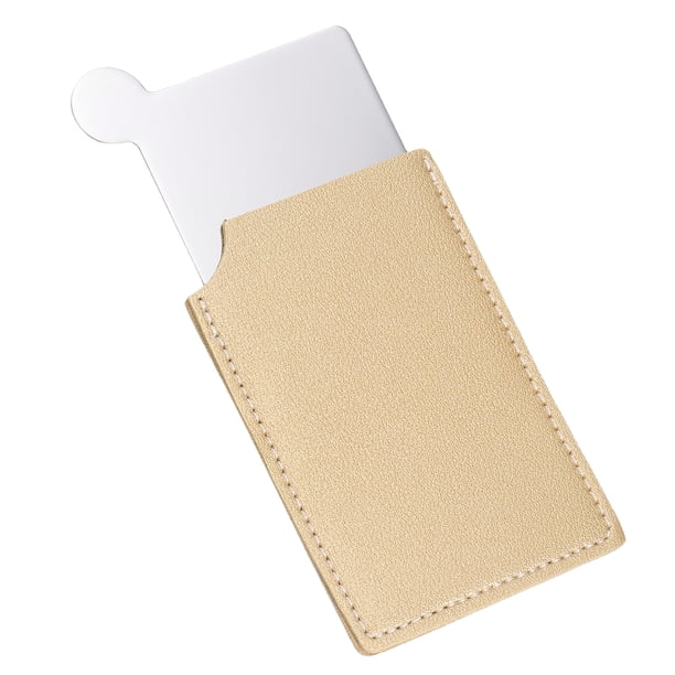 Espejo de bolsillo Uxcell de acero inoxidable irrompible, espejo compacto de maquillaje con funda de cuero PU (Caqui, 2.5 x 3.66")