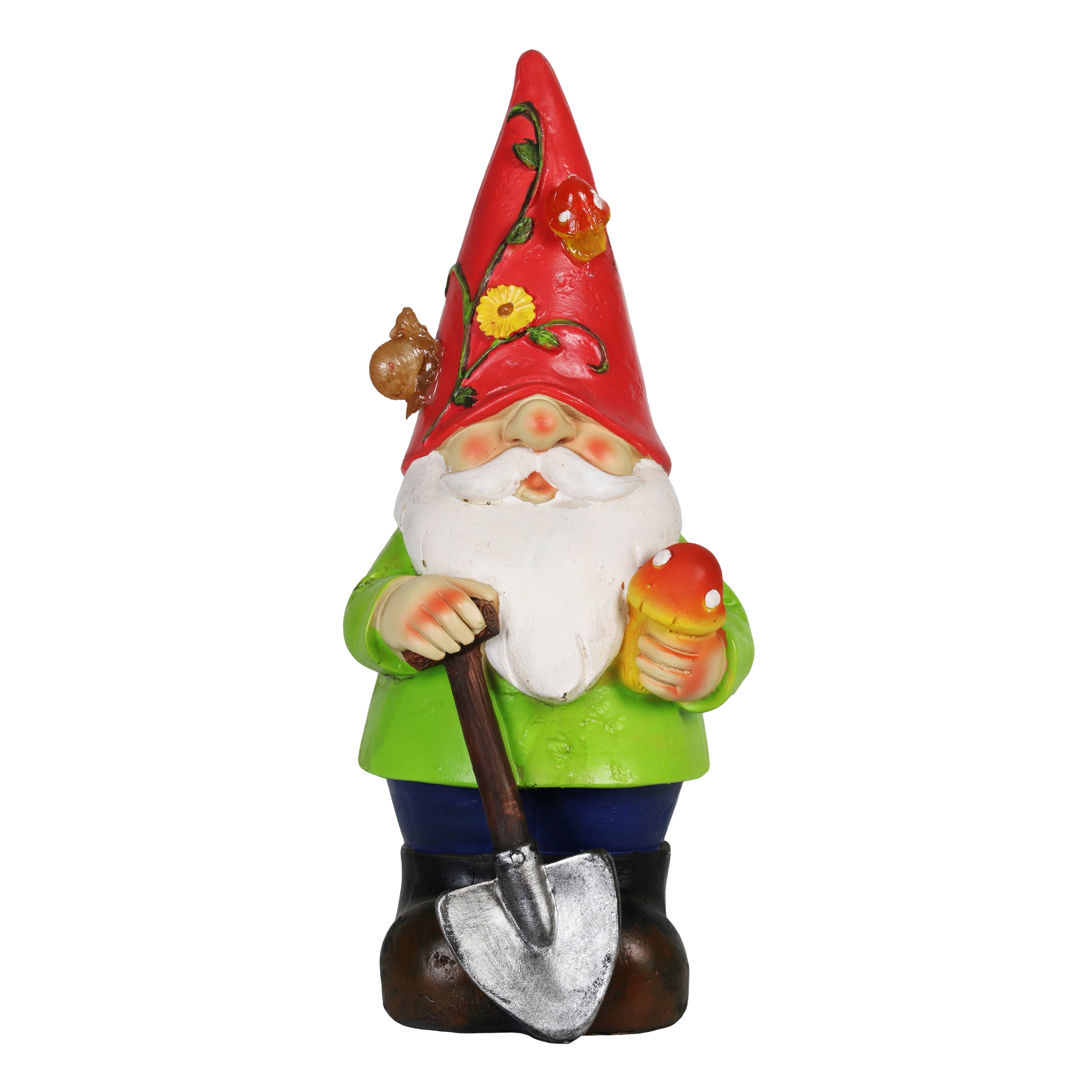 Exhart Solar Red Hat Roy Garden Gnome Statue with Shovel, 10 inch