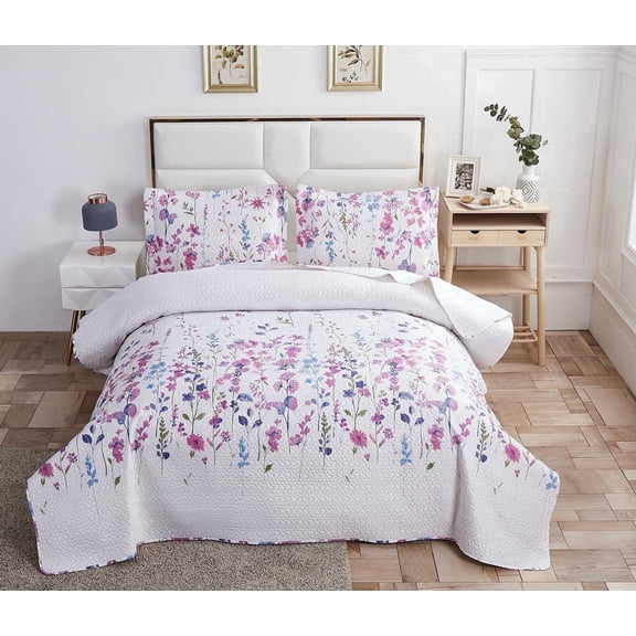 Jessy Home Floral Quilts Queen/Full Purple Lilac Flower Bedding Microfiber Bedspread Set