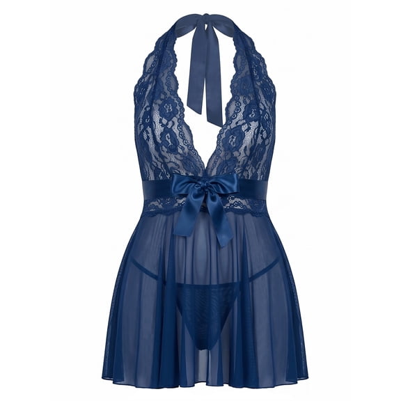 SHOWMALL Women's Sexy Lingerie Lace Halter Nightdress V-Neck Open Back Chemise, Sheer Mesh Sleepwear with Bow Tie, Navy Blue L