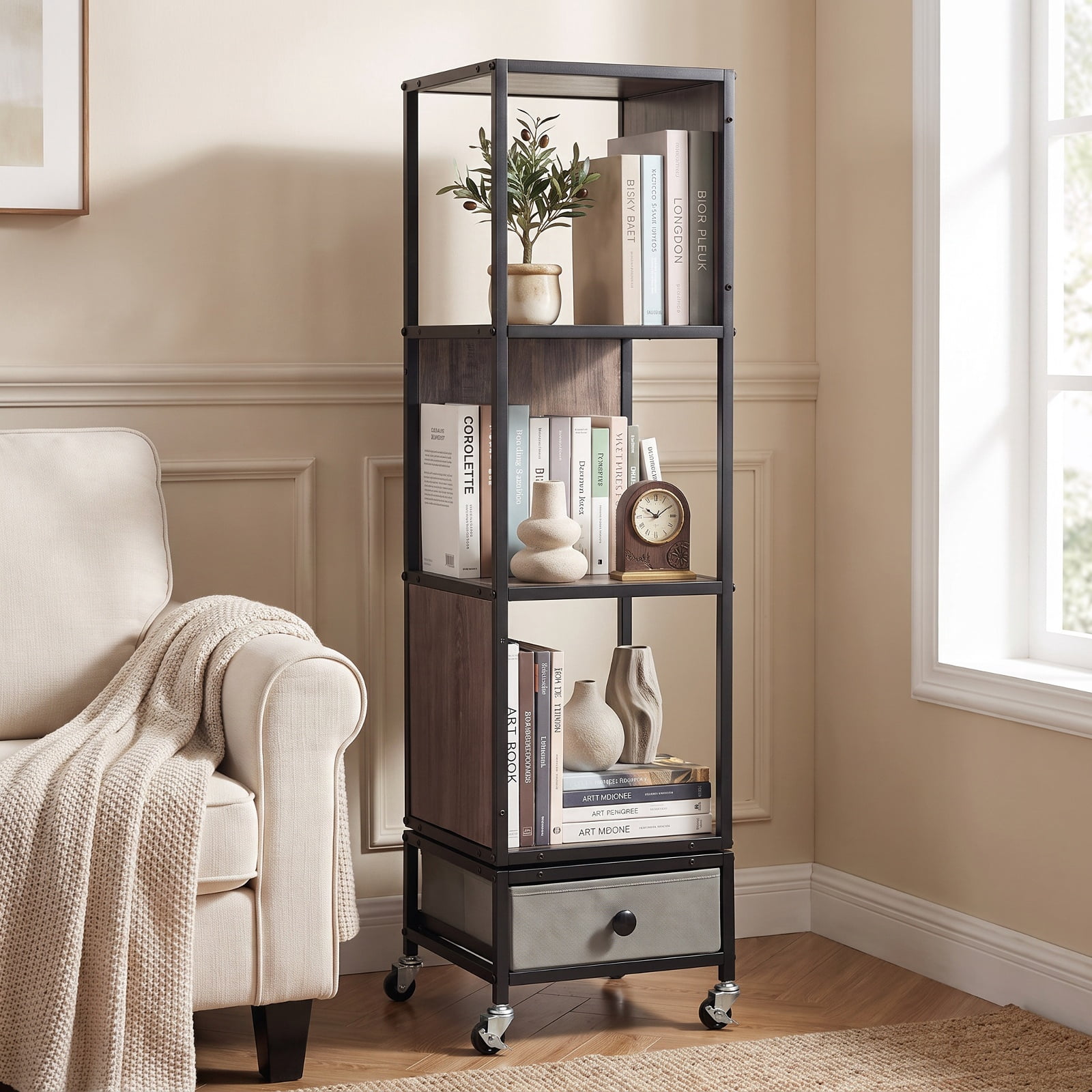 Furnibear 4-Tier Rotating Bookshelf on Wheels with Removable Drawer for Living Room Home Office Bedroom Display Storage Shelf, Gray
