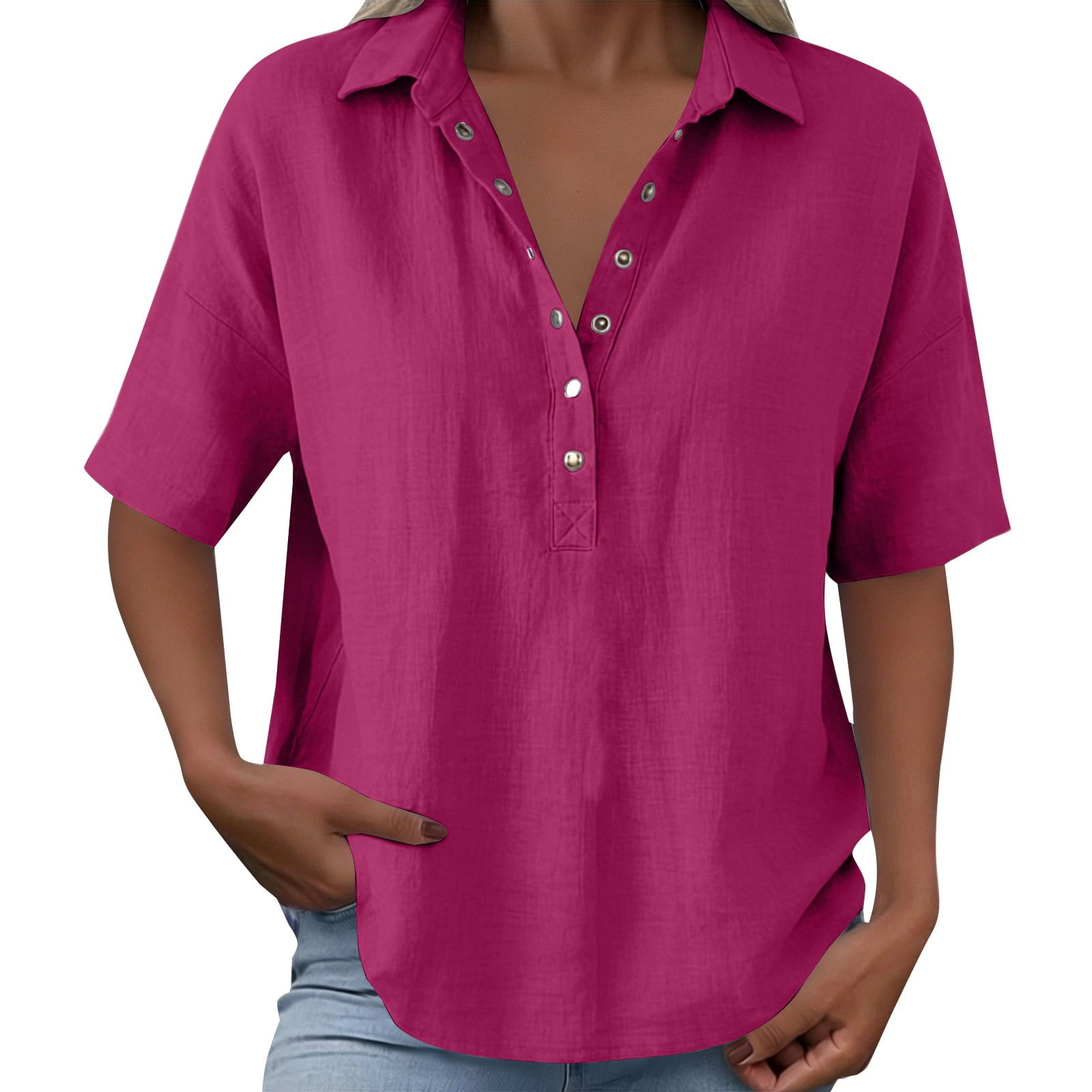 Manxivoo Womens Mid Sleeve V Neck Pullover T Shirt Button Down