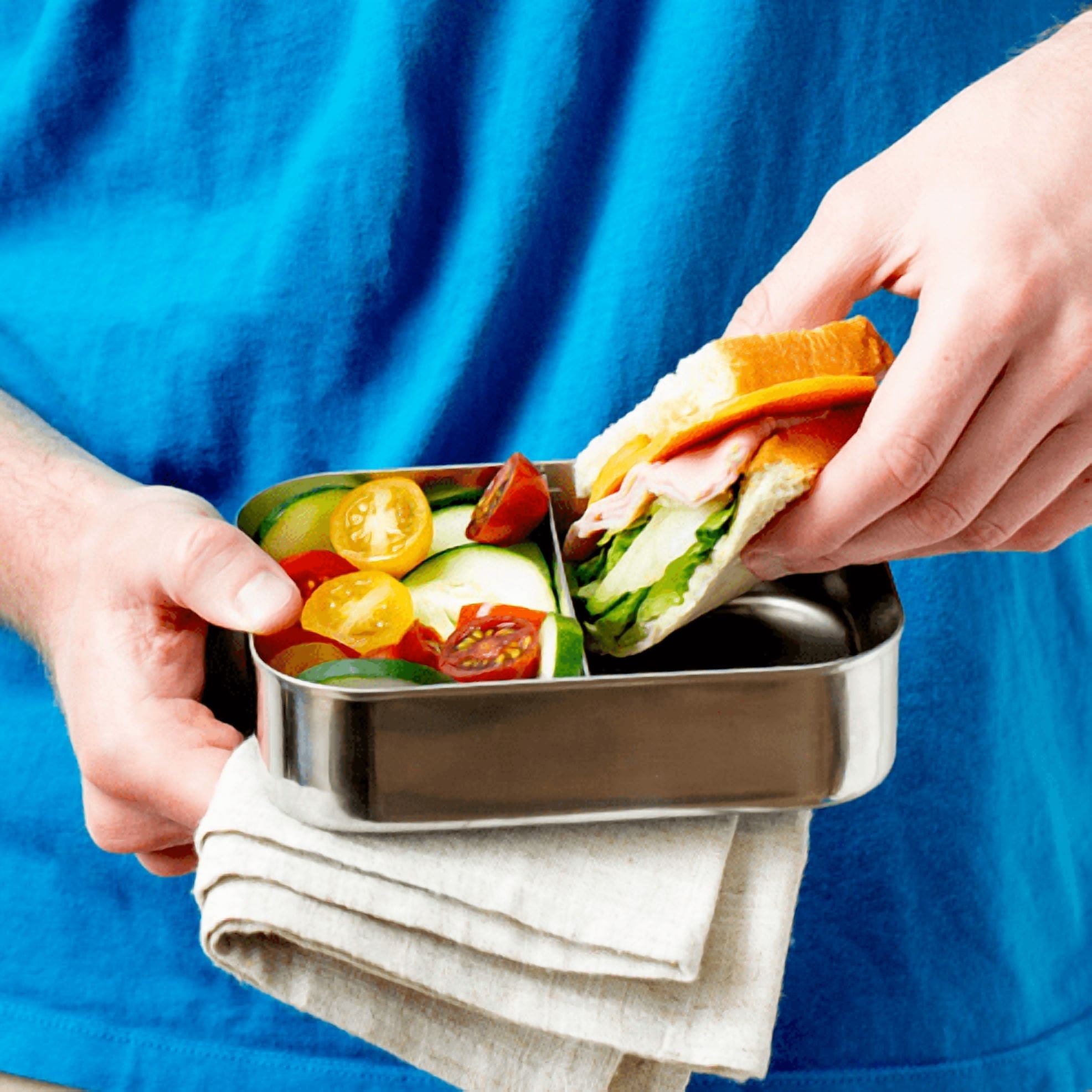 LunchBots Medium Duo Snack Container - Divided Stainless Steel Food Container - Two Sections for Half Sandwich and a Side - Eco-Friendly - Dishwasher Safe - Stainless Lid - Aqua Dots
