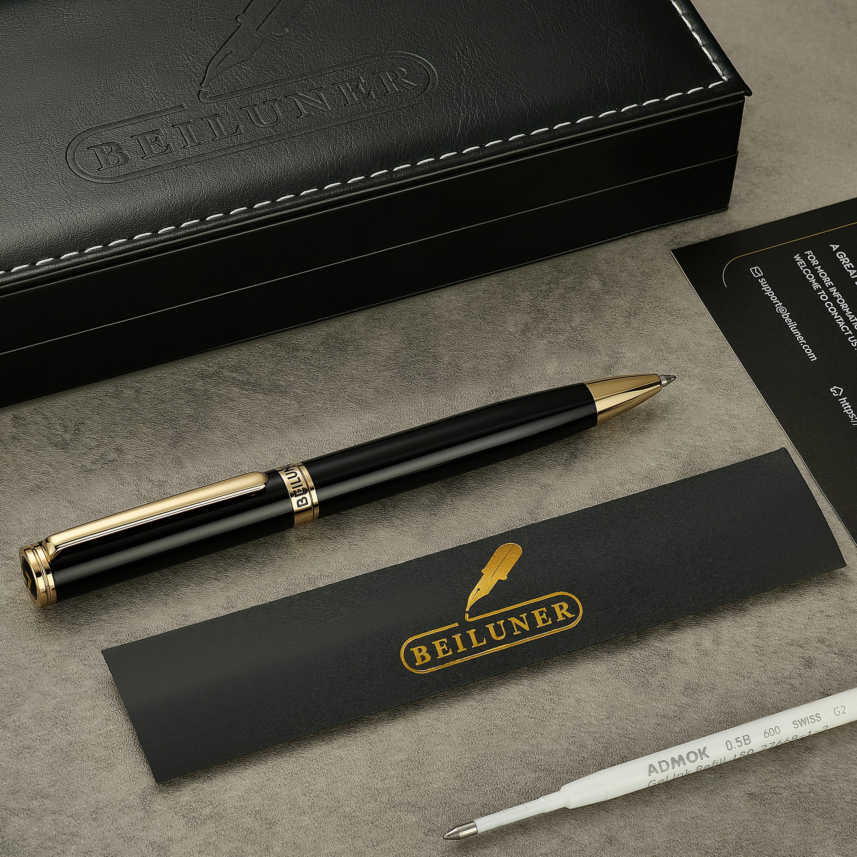 BEILUNER Black Gel Pens,Peerless Pen with 24K Gold Trim,The Exquisite Product Detail, Fancy Leather Box- Pen Gift Set for Men & Women-Executive, Office, Nice Designer Pens